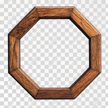 A simple, symmetrical wooden hexagon frame for use as an icon or logo design element, isolated on a white background. The wood has a dark brown color and is straight with rounded corners. There is no text in the picture. It should have four identical lines of different heights forming two semicircles that meet at their edges to create one large octagonal shape. On each side, there is a small hole, like on traditional Japanese washi paper.