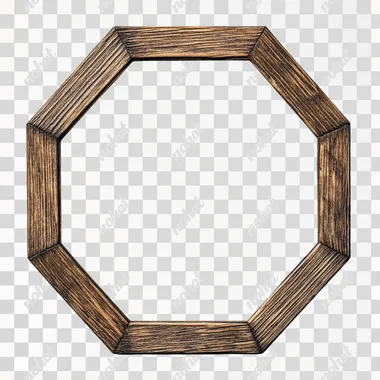 A simple, symmetrical wooden hexagon frame for use as an icon or logo design element, isolated on a white background. The wood has a dark brown color and is straight with rounded corners. There is no text in the picture. It should have four identical lines of different heights forming two semicircles that meet at their edges to create one large octagonal shape. On each side, there is a small hole, like on traditional Japanese washi paper.