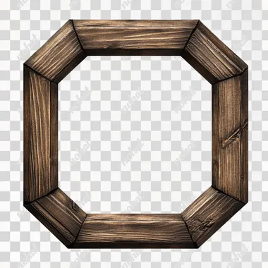 A simple, symmetrical wooden hexagon frame for use as an icon or logo design element, isolated on a white background. The wood has a dark brown color and is straight with rounded corners. There is no text in the picture. It should have four identical lines of different heights forming two semicircles that meet at their edges to create one large octagonal shape. On each side, there is a small hole, like on traditional Japanese washi paper.