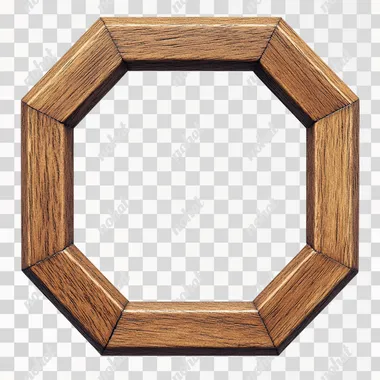 A simple, symmetrical wooden hexagon frame for use as an icon or logo design element, isolated on a white background. The wood has a dark brown color and is straight with rounded corners. There is no text in the picture. It should have four identical lines of different heights forming two semicircles that meet at their edges to create one large octagonal shape. On each side, there is a small hole, like on traditional Japanese washi paper.