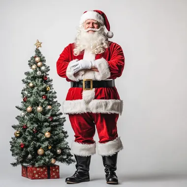 Handsome modern Santa 40 years old, full body, light background, Christmas tree, cinematic
