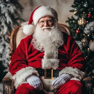 Handsome modern Santa 40 years old, full body, light background, Christmas tree, cinematic