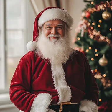 Handsome modern Santa 40 years old, full body, light background, Christmas tree, cinematic