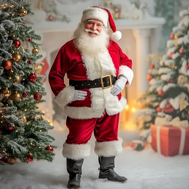 Handsome modern Santa 40 years old, full body, light background, Christmas tree, cinematic