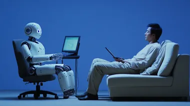 An artificial intelligence robot helps a China man work, sitting on a chair to operate a computer, while the man sits on a sofa to rest. The background is blue. The picture is very realistic.,