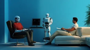 An artificial intelligence robot helps a China man work, sitting on a chair to operate a computer, while the man sits on a sofa to rest. The background is blue. The picture is very realistic.,