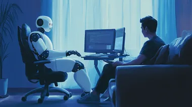 An artificial intelligence robot helps a China man work, sitting on a chair to operate a computer, while the man sits on a sofa to rest. The background is blue. The picture is very realistic.,