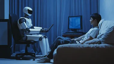An artificial intelligence robot helps a China man work, sitting on a chair to operate a computer, while the man sits on a sofa to rest. The background is blue. The picture is very realistic.,