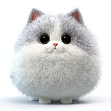 extremely cute realistic 3D chubby cat with natural proportions, fluffy white fur with soft light gray patches, round face, big shiny solid black eyes, tiny pink nose, realistic soft fur strands, short legs, slightly puffy cheeks, Pixar-style render, not spherical, not toy-like. ([pose and facial expression here]). plain white background, studio soft lighting, high detail, perfect for LINE sticker