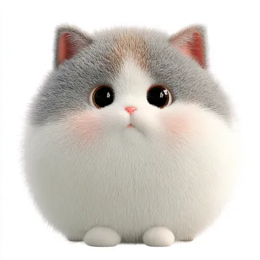 extremely cute realistic 3D chubby cat with natural proportions, fluffy white fur with soft light gray patches, round face, big shiny solid black eyes, tiny pink nose, realistic soft fur strands, short legs, slightly puffy cheeks, Pixar-style render, not spherical, not toy-like. ([pose and facial expression here]). plain white background, studio soft lighting, high detail, perfect for LINE sticker