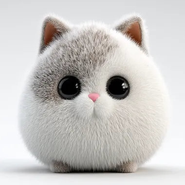 extremely cute realistic 3D chubby cat with natural proportions, fluffy white fur with soft light gray patches, round face, big shiny solid black eyes, tiny pink nose, realistic soft fur strands, short legs, slightly puffy cheeks, Pixar-style render, not spherical, not toy-like. ([pose and facial expression here]). plain white background, studio soft lighting, high detail, perfect for LINE sticker