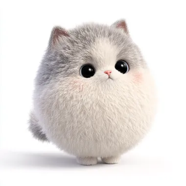 extremely cute realistic 3D chubby cat with natural proportions, fluffy white fur with soft light gray patches, round face, big shiny solid black eyes, tiny pink nose, realistic soft fur strands, short legs, slightly puffy cheeks, Pixar-style render, not spherical, not toy-like. ([pose and facial expression here]). plain white background, studio soft lighting, high detail, perfect for LINE sticker