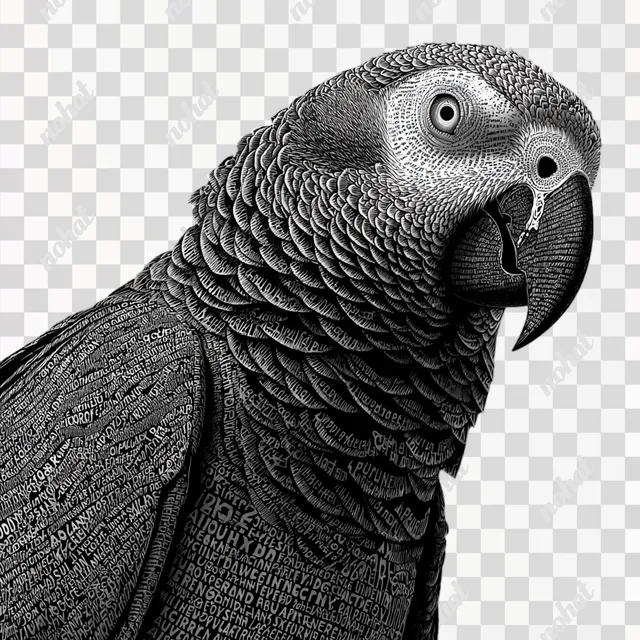 PNG Detailed ASCII Art of an African Grey Parrot in Black and White