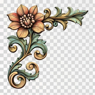 vintage corner ornament design carved on wood, engraving style illustration, full color, white background