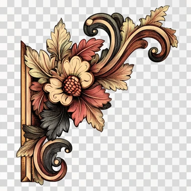 vintage corner ornament design carved on wood, engraving style illustration, full color, white background