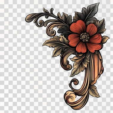 vintage corner ornament design carved on wood, engraving style illustration, full color, white background