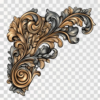 vintage corner ornament design carved on wood, engraving style illustration, full color, white background