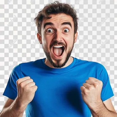 natural man, 20-25 years old, average weight, smiling, wearing sports clothes, face of surprise, whole figure, hands in victory pose, no background, t-shirt blue