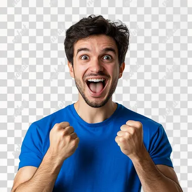 natural man, 20-25 years old, average weight, smiling, wearing sports clothes, face of surprise, whole figure, hands in victory pose, no background, t-shirt blue