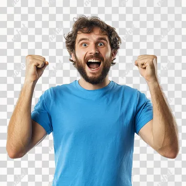 natural man, 20-25 years old, average weight, smiling, wearing sports clothes, face of surprise, whole figure, hands in victory pose, no background, t-shirt blue