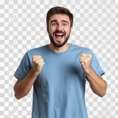 natural man, 20-25 years old, average weight, smiling, wearing sports clothes, face of surprise, whole figure, hands in victory pose, no background, t-shirt blue