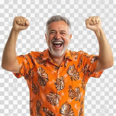 man happy comemorating with shirt orang on white background
