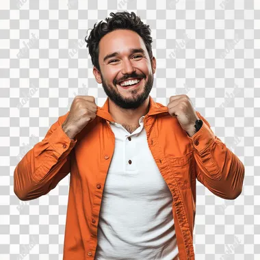 man happy comemorating with shirt orang on white background