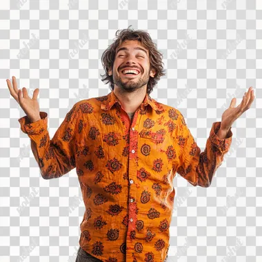 man happy comemorating with shirt orang on white background