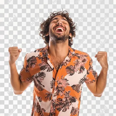man happy comemorating with shirt orang on white background