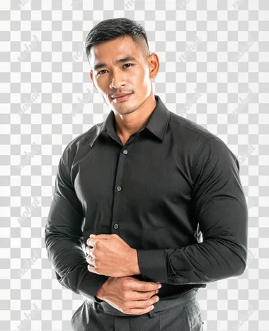 studio portrait of a handsome and muscular filipino corporate employee wearing a long sleeved collar shirt, white background