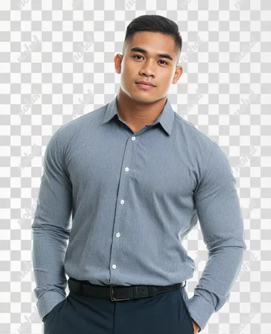 studio portrait of a handsome and muscular filipino corporate employee wearing a long sleeved collar shirt, white background