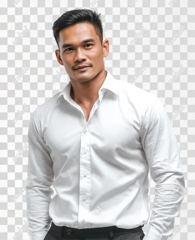 studio portrait of a handsome and muscular filipino corporate employee wearing a long sleeved collar shirt, white background
