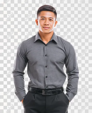 studio portrait of a handsome and muscular filipino corporate employee wearing a long sleeved collar shirt, white background