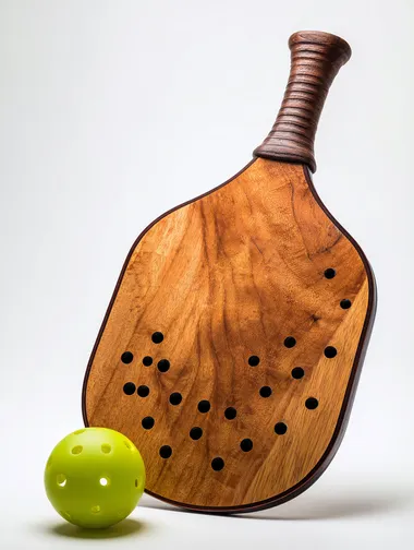 front-view of a wooden pickle ball racket and ball, racket is leaning on the side on white seamless background, no distractions, directional lighting with a clean shadow, high quality studio photogrpahy   --raw