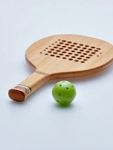 front-view of a wooden pickle ball racket and ball, racket is leaning on the side on white seamless background, no distractions, directional lighting with a clean shadow, high quality studio photogrpahy   --raw