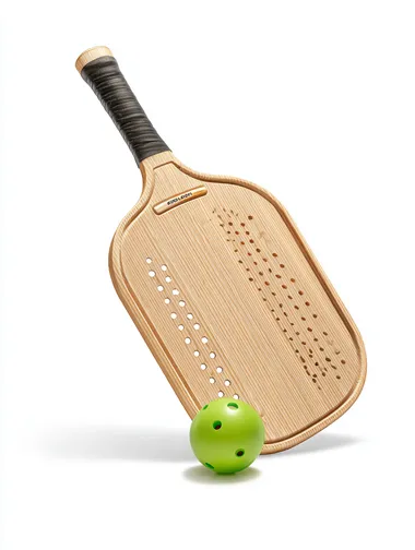 front-view of a wooden pickle ball racket and ball, racket is leaning on the side on white seamless background, no distractions, directional lighting with a clean shadow, high quality studio photogrpahy   --raw