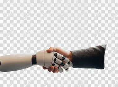 Photo of An artificial intelligence robot shaking hands with human hand on white background, detailed illustration, high resolution photography, stock photo, professional color grading, clean sharp focus, HDR, soft shadows, warm tones, very realistic photography