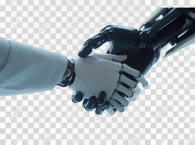 Photo of An artificial intelligence robot shaking hands with human hand on white background, detailed illustration, high resolution photography, stock photo, professional color grading, clean sharp focus, HDR, soft shadows, warm tones, very realistic photography