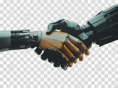 Photo of An artificial intelligence robot shaking hands with human hand on white background, detailed illustration, high resolution photography, stock photo, professional color grading, clean sharp focus, HDR, soft shadows, warm tones, very realistic photography
