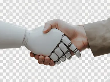 Photo of An artificial intelligence robot shaking hands with human hand on white background, detailed illustration, high resolution photography, stock photo, professional color grading, clean sharp focus, HDR, soft shadows, warm tones, very realistic photography