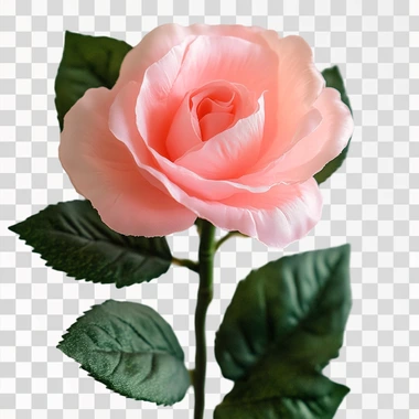 realistic pink rose with green leaves lifelike appearance with a white background