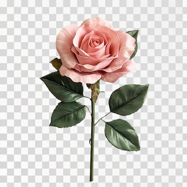 realistic pink rose with green leaves lifelike appearance with a white background