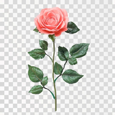 realistic pink rose with green leaves lifelike appearance with a white background