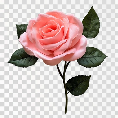 realistic pink rose with green leaves lifelike appearance with a white background