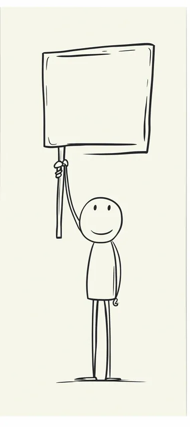 A vector cartoon of a simple stick figure holding a sign in one hand, set against a white background. This stock photo has a minimalist style, with a simple drawing and flat line art. The illustration features simple black lines on a white background, with a minimalist, simple line work and coloring. The image has a white border and frame, and is presented in high resolution.