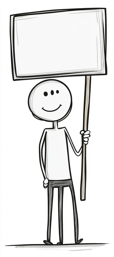 A vector cartoon of a simple stick figure holding a sign in one hand, set against a white background. This stock photo has a minimalist style, with a simple drawing and flat line art. The illustration features simple black lines on a white background, with a minimalist, simple line work and coloring. The image has a white border and frame, and is presented in high resolution.