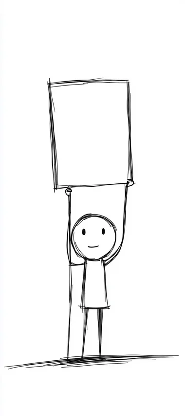 A vector cartoon of a simple stick figure holding a sign in one hand, set against a white background. This stock photo has a minimalist style, with a simple drawing and flat line art. The illustration features simple black lines on a white background, with a minimalist, simple line work and coloring. The image has a white border and frame, and is presented in high resolution.