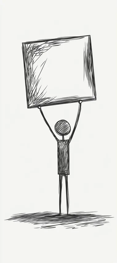 A vector cartoon of a simple stick figure holding a sign in one hand, set against a white background. This stock photo has a minimalist style, with a simple drawing and flat line art. The illustration features simple black lines on a white background, with a minimalist, simple line work and coloring. The image has a white border and frame, and is presented in high resolution.