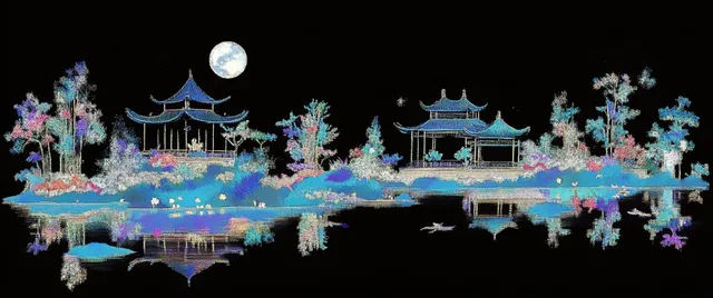 Digital painting of an island landscape with pavilions under a full moon
