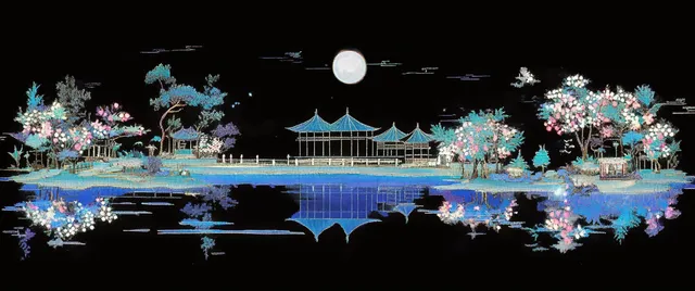 Nighttime Lake Scene with Island Pavilions and Trees in Hyperreal Style